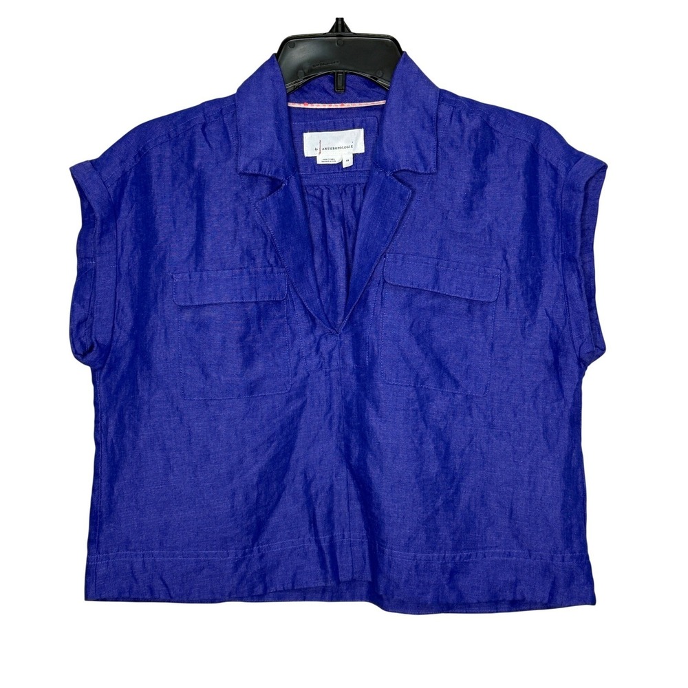 Anthropologie Linen Blend Purple Boxy Cropped Top Womens XS Short Sleeve V-Neck